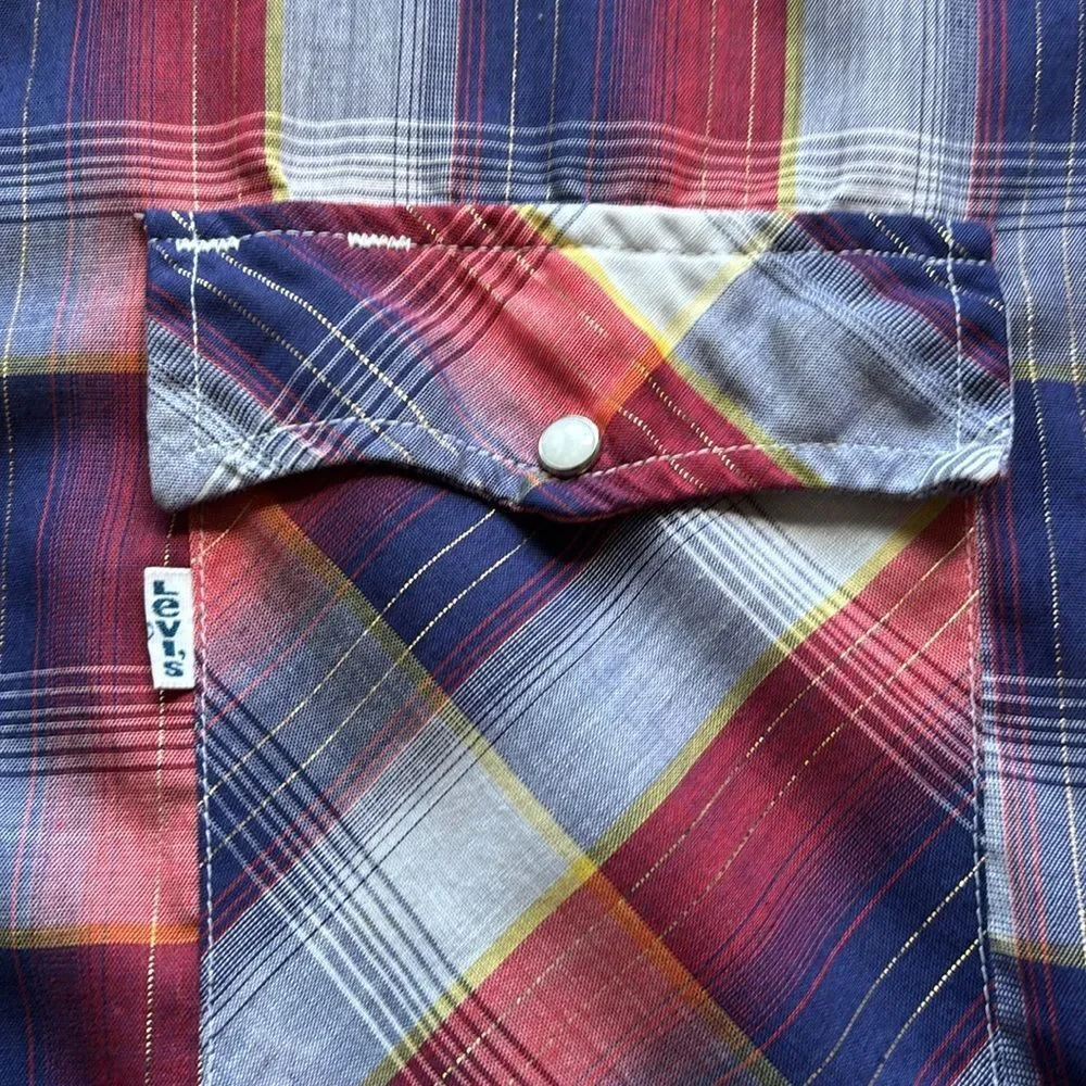 VTG 70’s Levi’s Red White Blue Gold Plaid Pearl Snap Western Shirt L